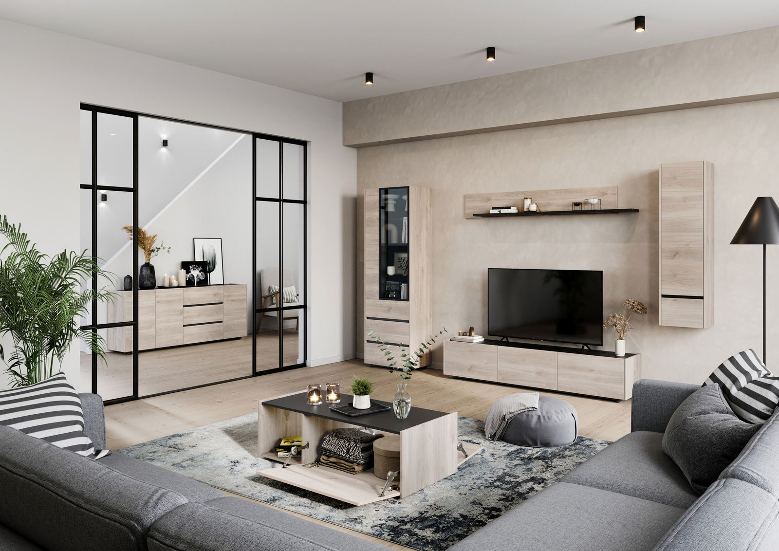 Modernes Wohnzimmer mit einem TV-Lowboard aus hellem Holz, frontal betrachtet. Das Lowboard steht unter einem großen Fernseher, umgeben von stilvollen Dekorationen und Möbeln.