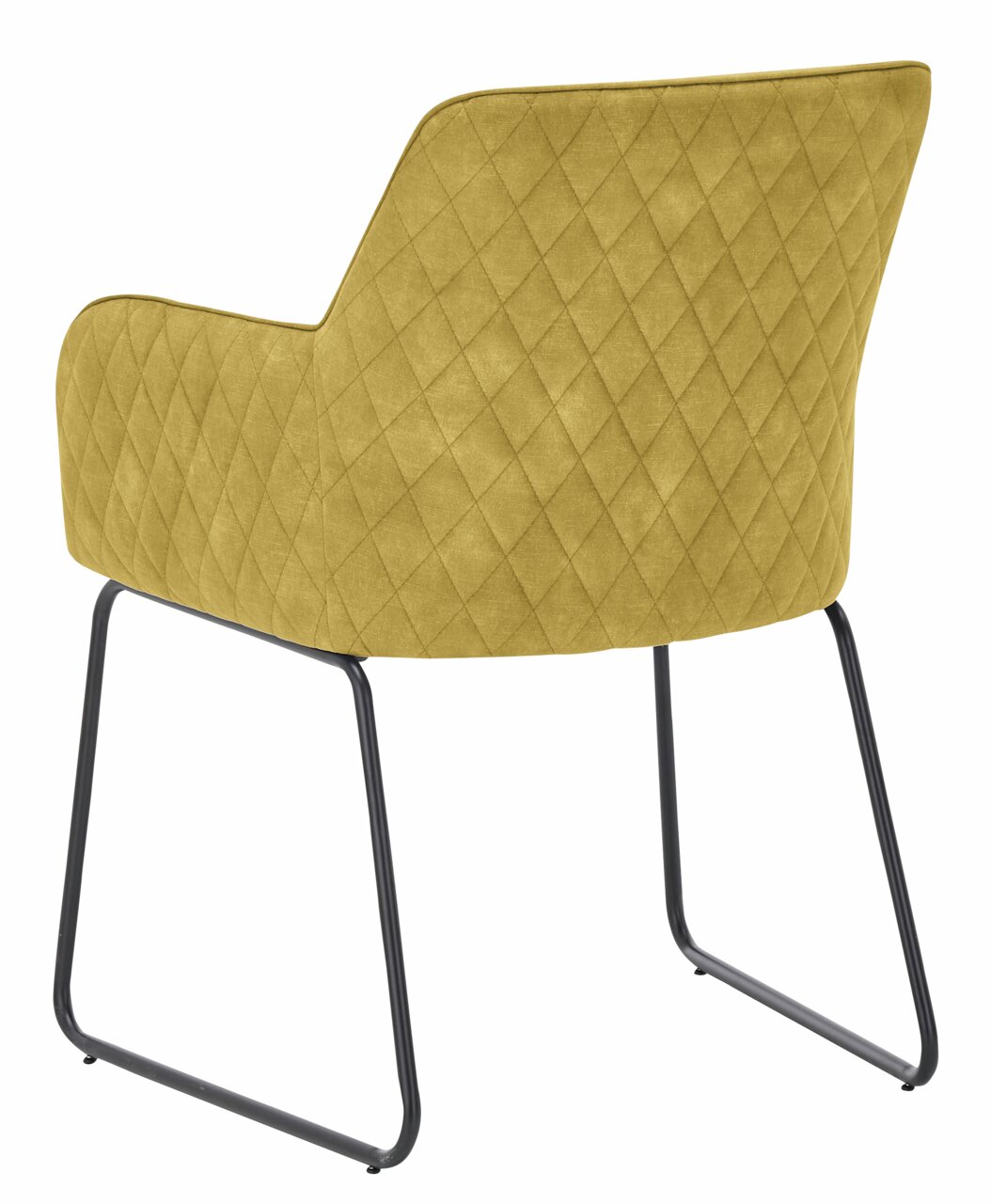 Rückansicht eines Kufenstuhls mit gelbem, gestepptem Stoffbezug und schwarzem Metallgestell.