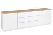 Modernes TV-Sideboard in Weiß mit Holzoberfläche, seitliche Perspektive