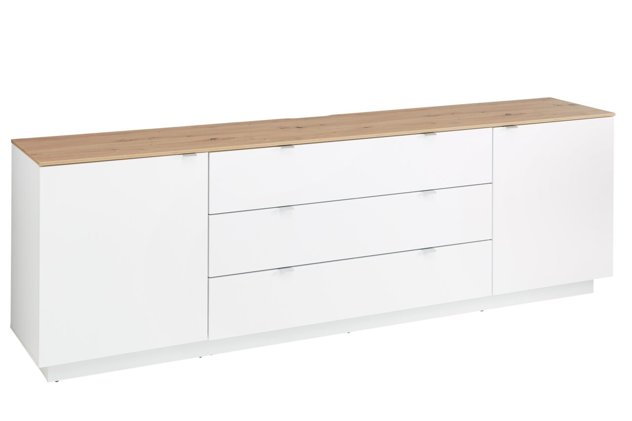 Modernes TV-Sideboard in Weiß mit Holzoberfläche, seitliche Perspektive