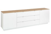 Modernes TV-Sideboard in Weiß mit Holzoberfläche, seitliche Perspektive