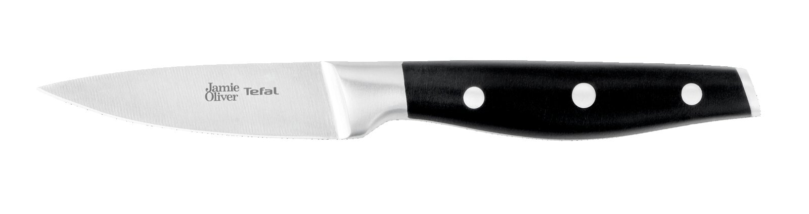 Jamie Oliver Tefal Küchenmesser mit Edelstahlklinge und schwarzem Griff mit drei Nieten, seitliche Ansicht von der Seite auf schwarzem Hintergrund