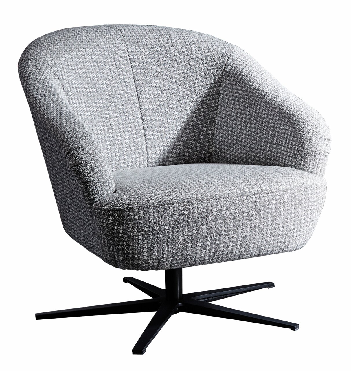 Landscape Drehsessel S/L 106 Grauer Drehsessel mit Stoffbezug und schwarzem Metallfuß, seitliche Perspektive