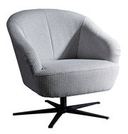 Grauer Drehsessel mit Stoffbezug und schwarzem Metallfuß, seitliche Perspektive
