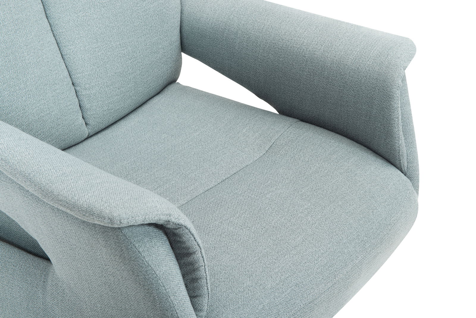 Nahaufnahme eines hellblauen Relaxsessels aus Stoff, Ansicht von oben.