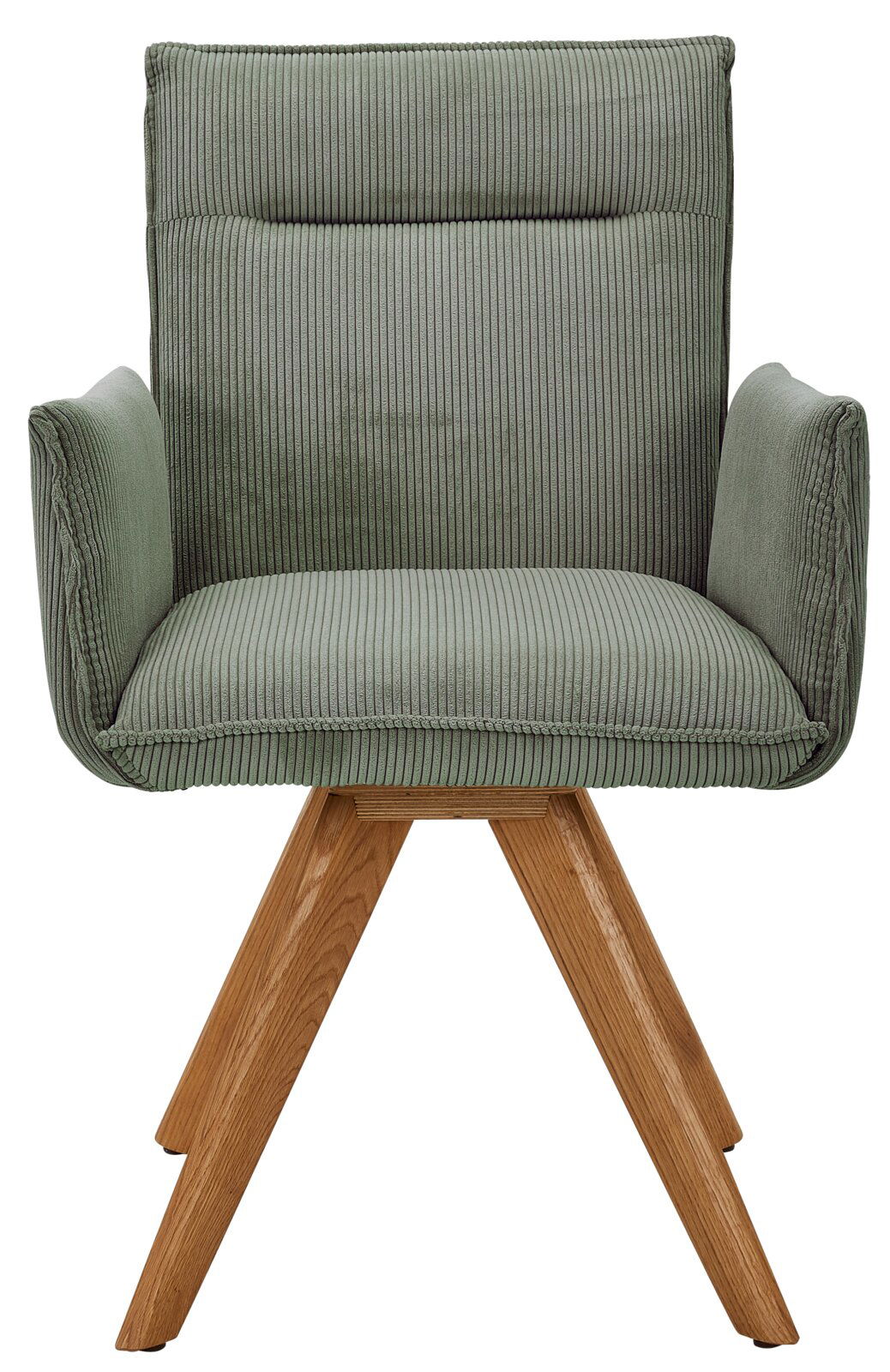 Grüner Armlehnstuhl mit Holzbeinen, Vorderansicht