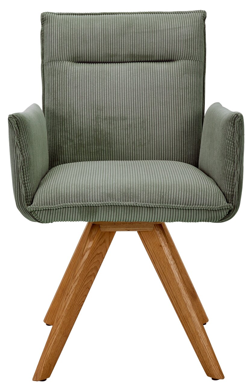 Grüner Armlehnstuhl mit Holzbeinen, Vorderansicht