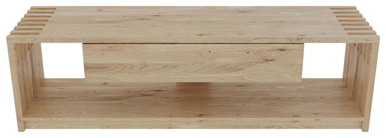 Frontale Ansicht eines TV-Lowboards aus hellem Holz mit offenem Fach und Schublade.
