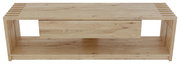 Frontale Ansicht eines TV-Lowboards aus hellem Holz mit offenem Fach und Schublade.