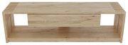 Frontale Ansicht eines TV-Lowboards aus hellem Holz mit offenem Fach und Schublade.