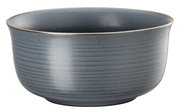 Blaue Müslischale aus Keramik mit feiner Rillenstruktur, seitliche Perspektive