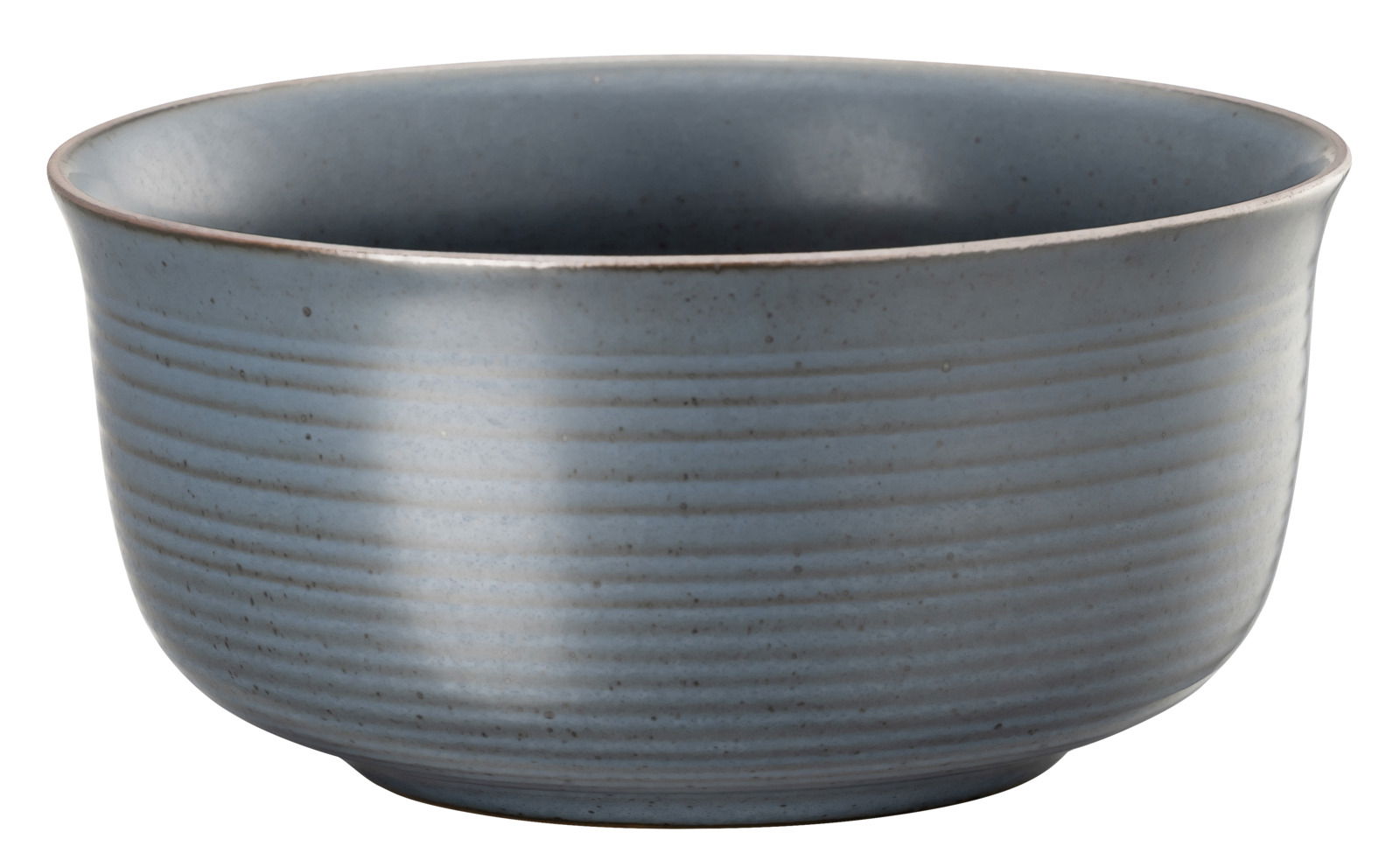 Blaue Müslischale aus Keramik mit feiner Rillenstruktur, seitliche Perspektive