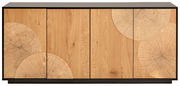 Frontansicht eines modernen Sideboards mit schwarzer Deckplatte und Rahmen, vier Türen aus hellem Holz mit markanten Baumring-Querschnitt-Motiven