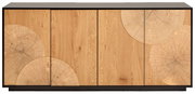 Frontansicht eines modernen Sideboards mit schwarzer Deckplatte und Rahmen, vier Türen aus hellem Holz mit markanten Baumring-Querschnitt-Motiven