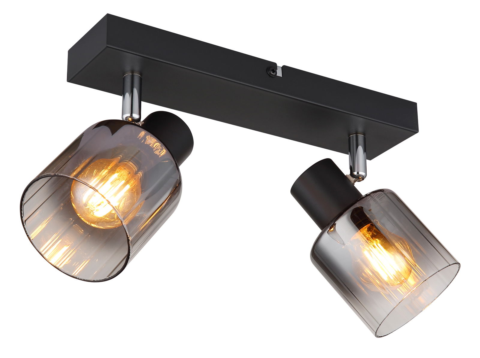 Zweiflammiger Deckenstrahler mit rauchgrauen Glasschirmen, seitliche Perspektive