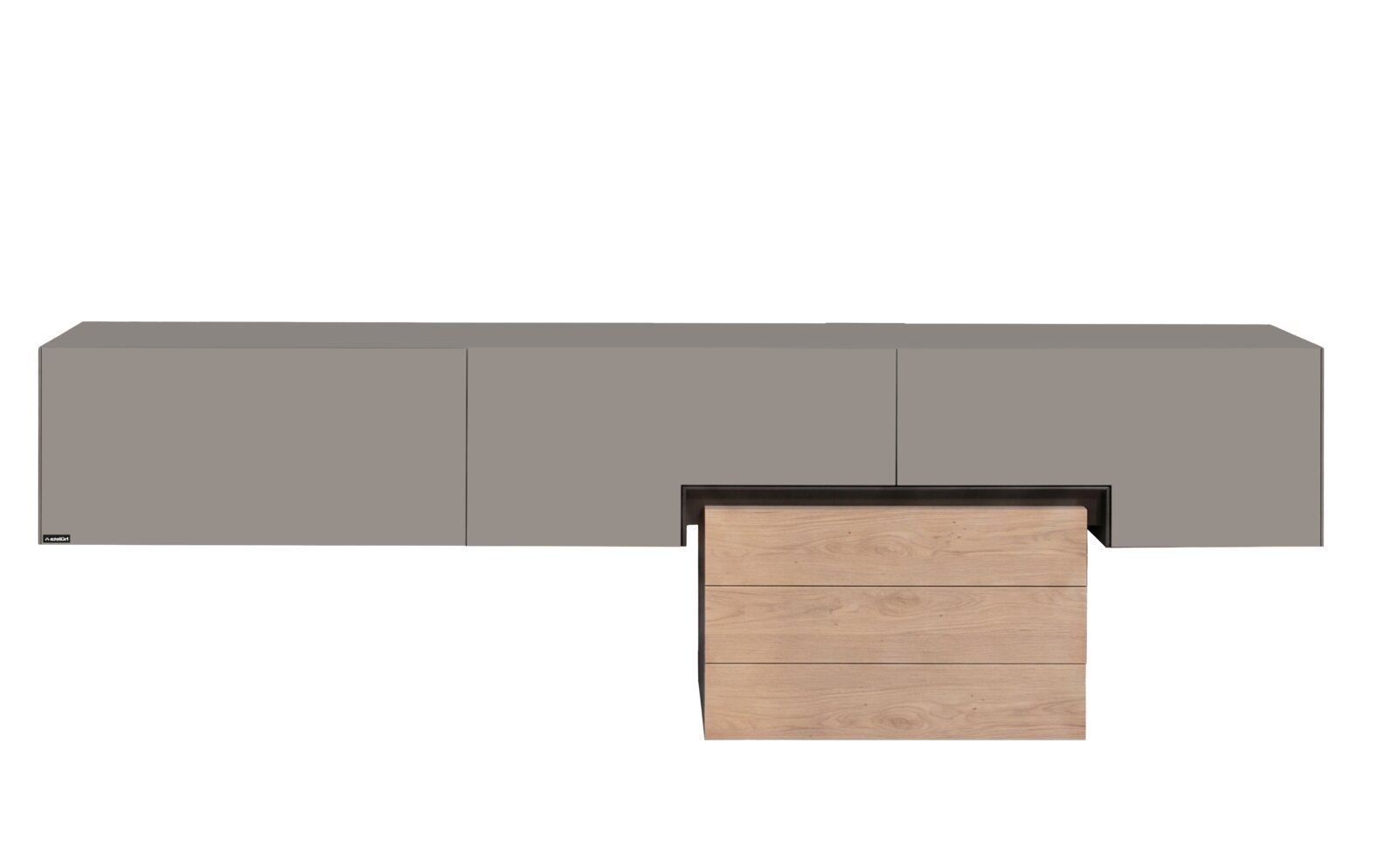 Hülsta Wandkombination LATUS Modernes, schwebendes Sideboard/TV-Lowboard in Mattgrau mit drei Holz-Schubladen rechts, frontale Ansicht (gerade von vorn) auf schwarzem Hintergrund.