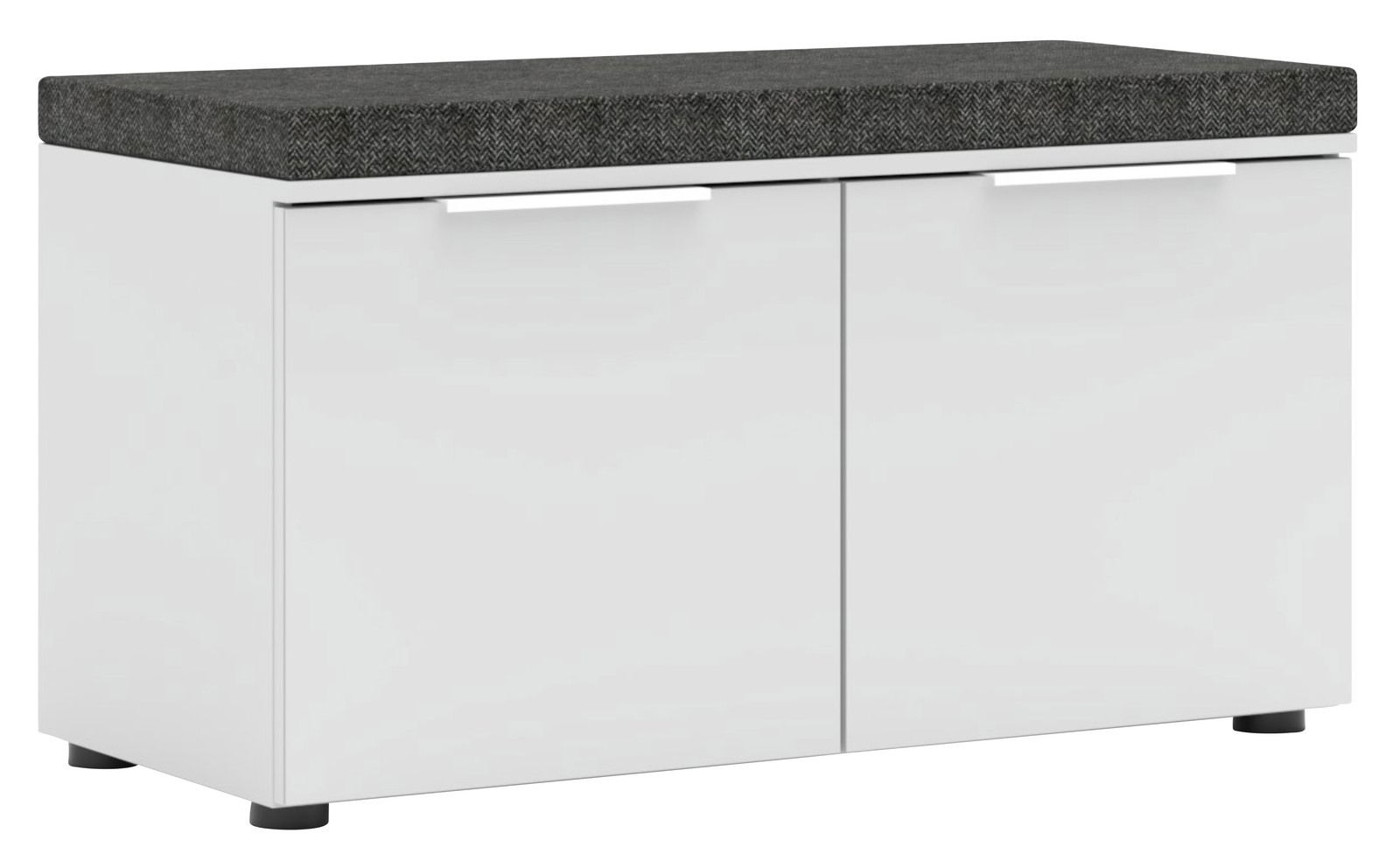 Weiße Bank mit zwei Türen und grauem Sitzpolster, seitliche Perspektive