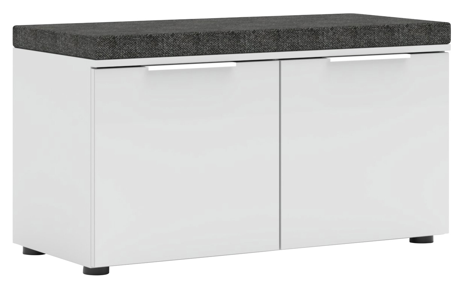 XORA Bank MALIN Weiße Bank mit zwei Türen und grauem Sitzpolster, seitliche Perspektive