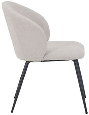 Moderner Stuhl mit hellgrauem Stoffbezug und schwarzen Metallbeinen, Seitenansicht