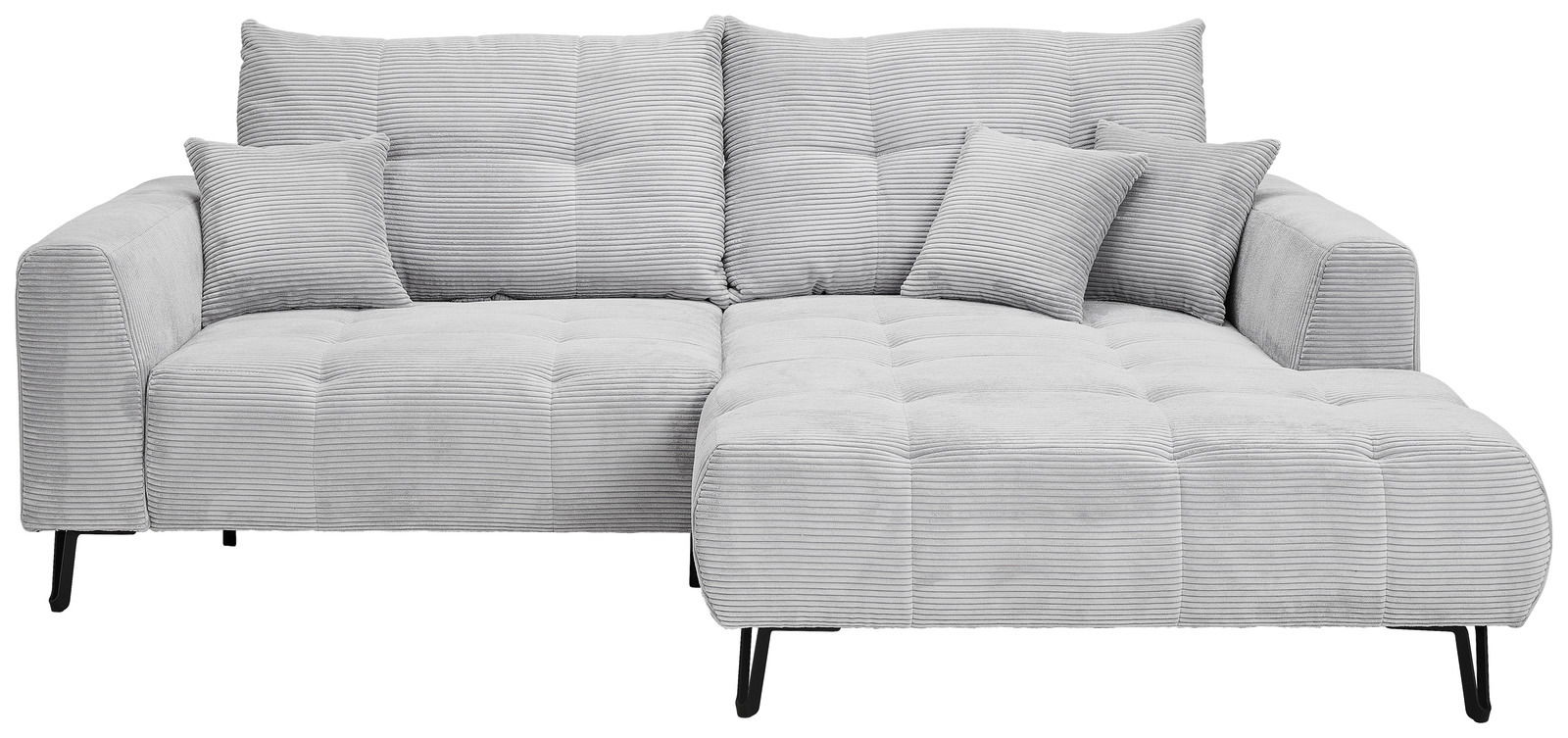 Graues Ecksofa mit Rillenstruktur, bestehend aus einer linken Armlehne und einer rechten Ottomane, frontal betrachtet.