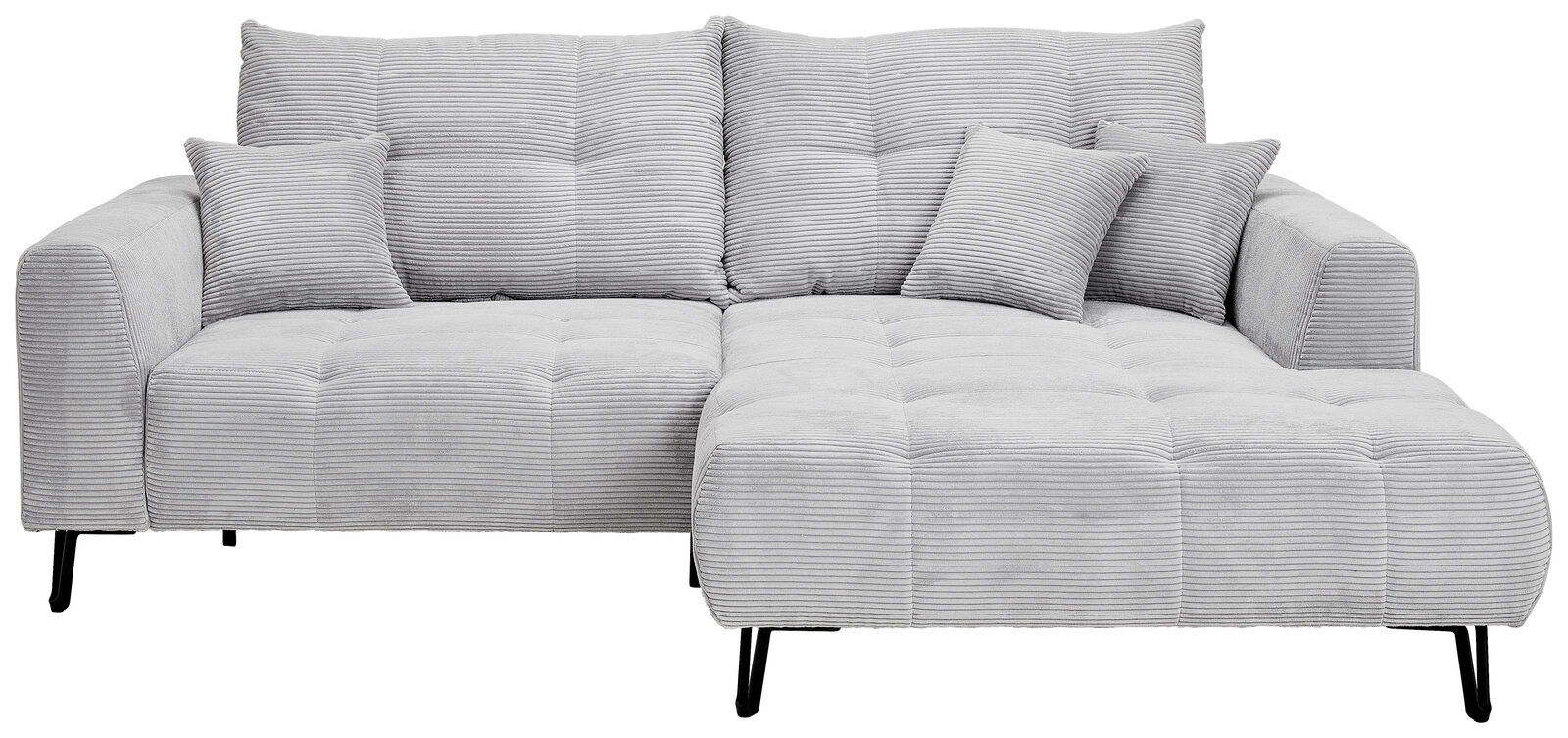 Graues Ecksofa mit Rillenstruktur, bestehend aus einer linken Armlehne und einer rechten Ottomane, frontal betrachtet.