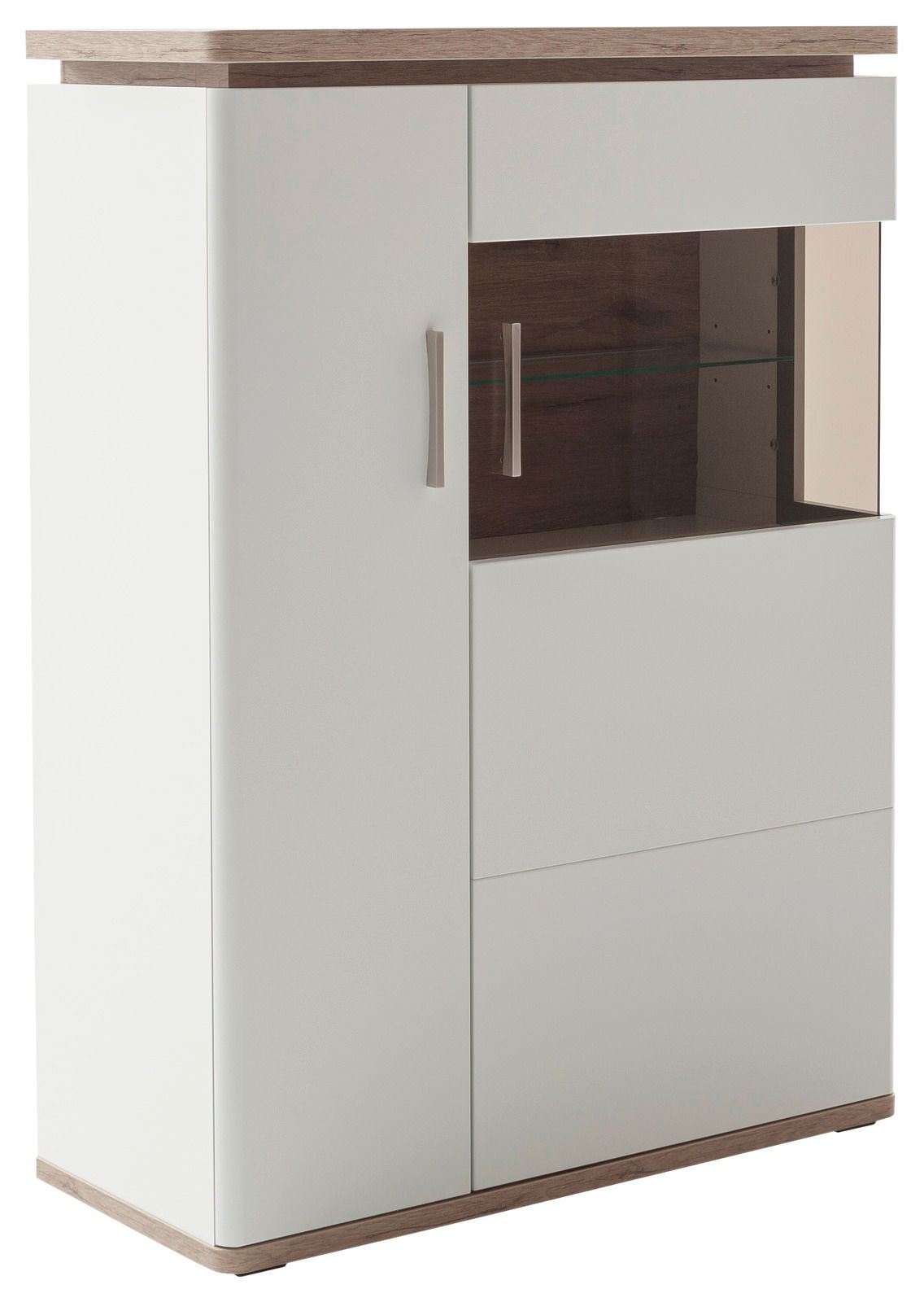 Stylife Highboard PALERMO Modernes Highboard in Weiß mit Holzdetails, seitliche Perspektive