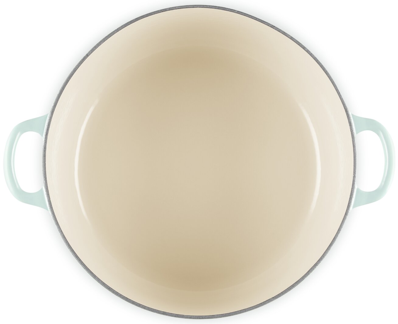 Runder Kochtopf mit zwei seitlichen Griffen in Hellblau und heller Innenbeschichtung, Draufsicht von oben