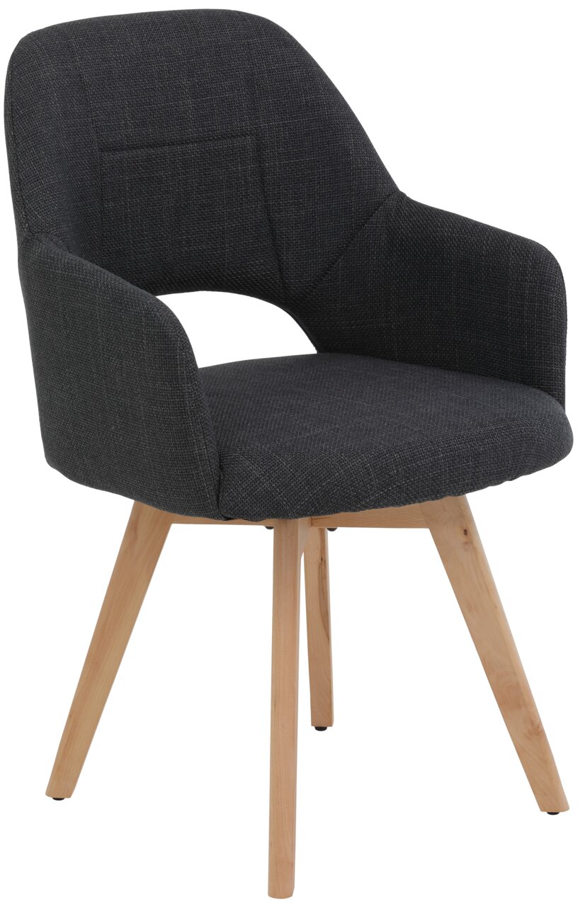 Donkergrijze, gestoffeerde fauteuil met stoffen bekleding en vier lichte houten poten, vrijstaand tegen een witte achtergrond, in een vooraanzicht met een licht zijdelings perspectief.
