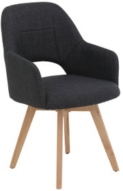 Donkergrijze, gestoffeerde fauteuil met stoffen bekleding en vier lichte houten poten, vrijstaand tegen een witte achtergrond, in een vooraanzicht met een licht zijdelings perspectief.
