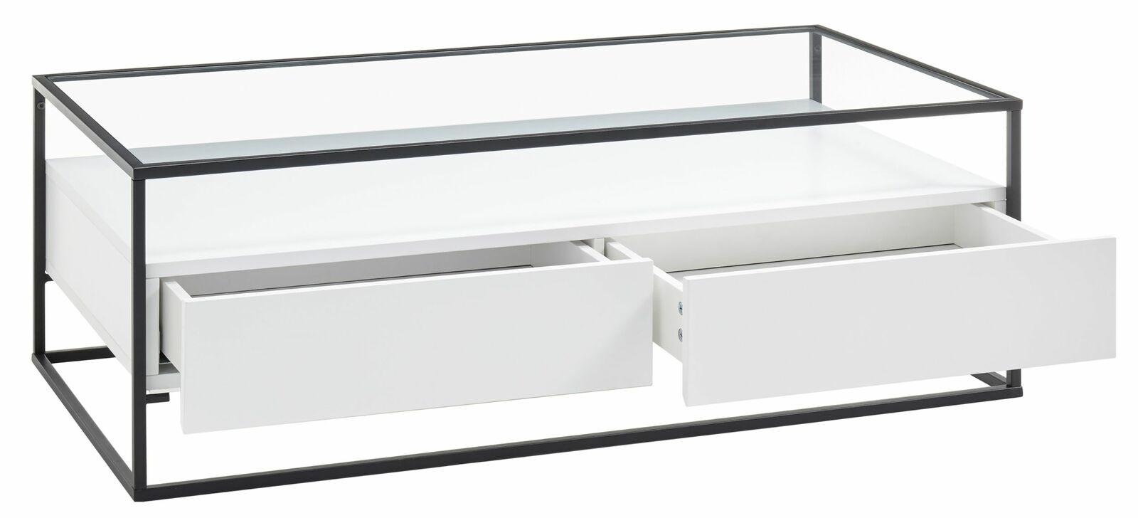 Moderner Couchtisch mit Glasplatte und zwei offenen Schubladen, seitliche Perspektive