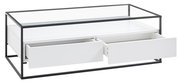 Moderner Couchtisch mit Glasplatte und zwei offenen Schubladen, seitliche Perspektive