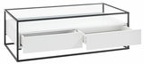 Moderner Couchtisch mit Glasplatte und zwei offenen Schubladen, seitliche Perspektive