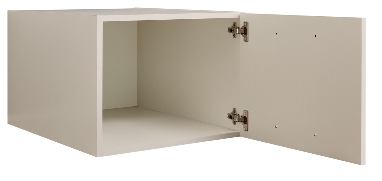 Weißer Hängeschrank/Küchenschrank mit geöffneter Tür und leerem Innenraum, Ansicht schräg von vorn rechts