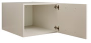 Weißer Hängeschrank/Küchenschrank mit geöffneter Tür und leerem Innenraum, Ansicht schräg von vorn rechts