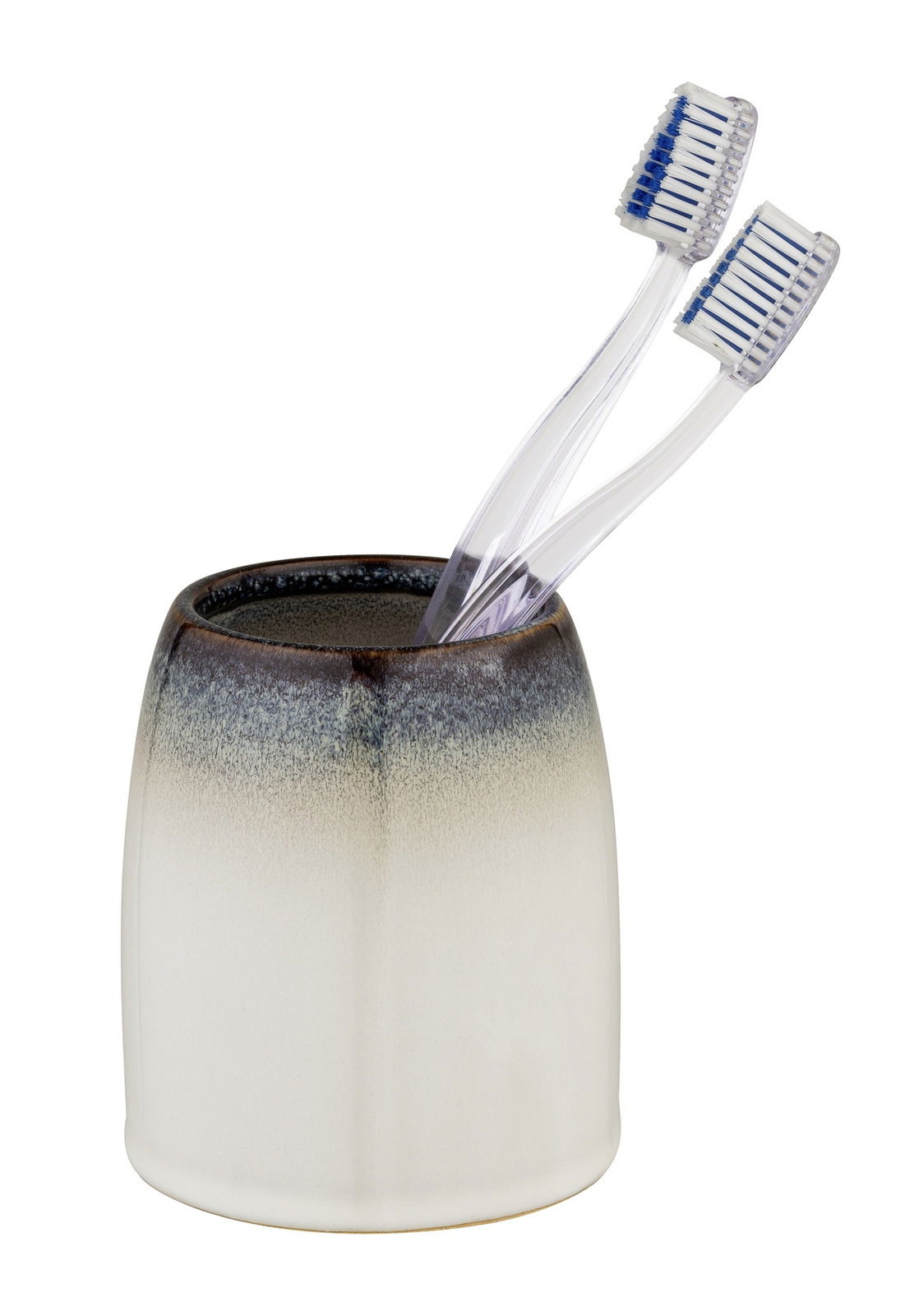 Zahnputzbecher in Braun und Weiß mit zwei Zahnbürsten, seitliche Perspektive