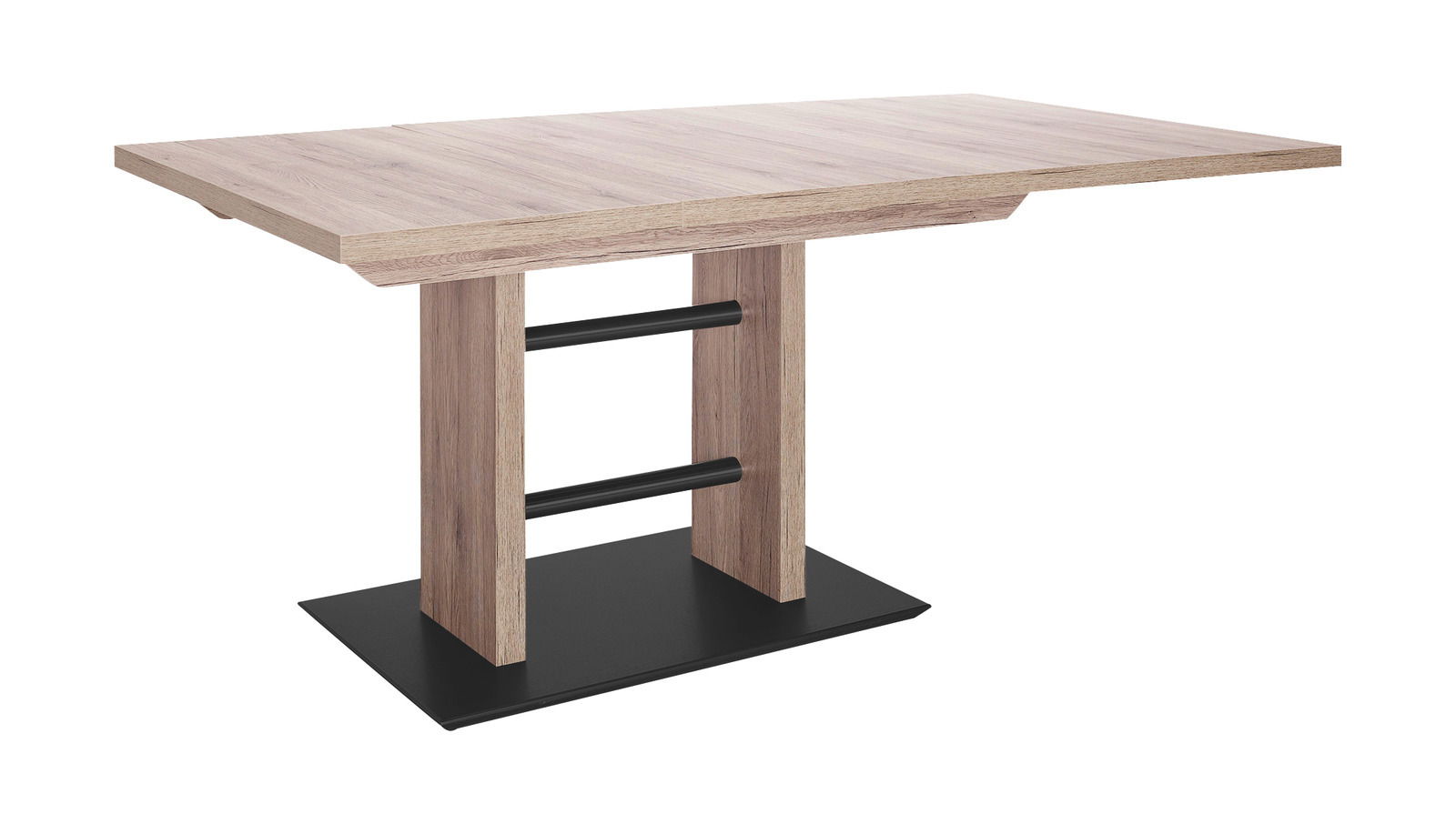 Moderner Esstisch aus Holz mit rechteckiger Tischplatte und stabiler Mittelsäule, seitliche Perspektive