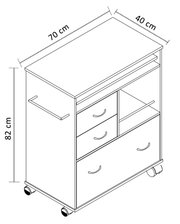 Rollcontainer/Beistellwagen mit Schubladen und offenen Ablagefächern, ca. 70 x 40 x 82 cm, technische Strichzeichnung in schräger Frontansicht von oben