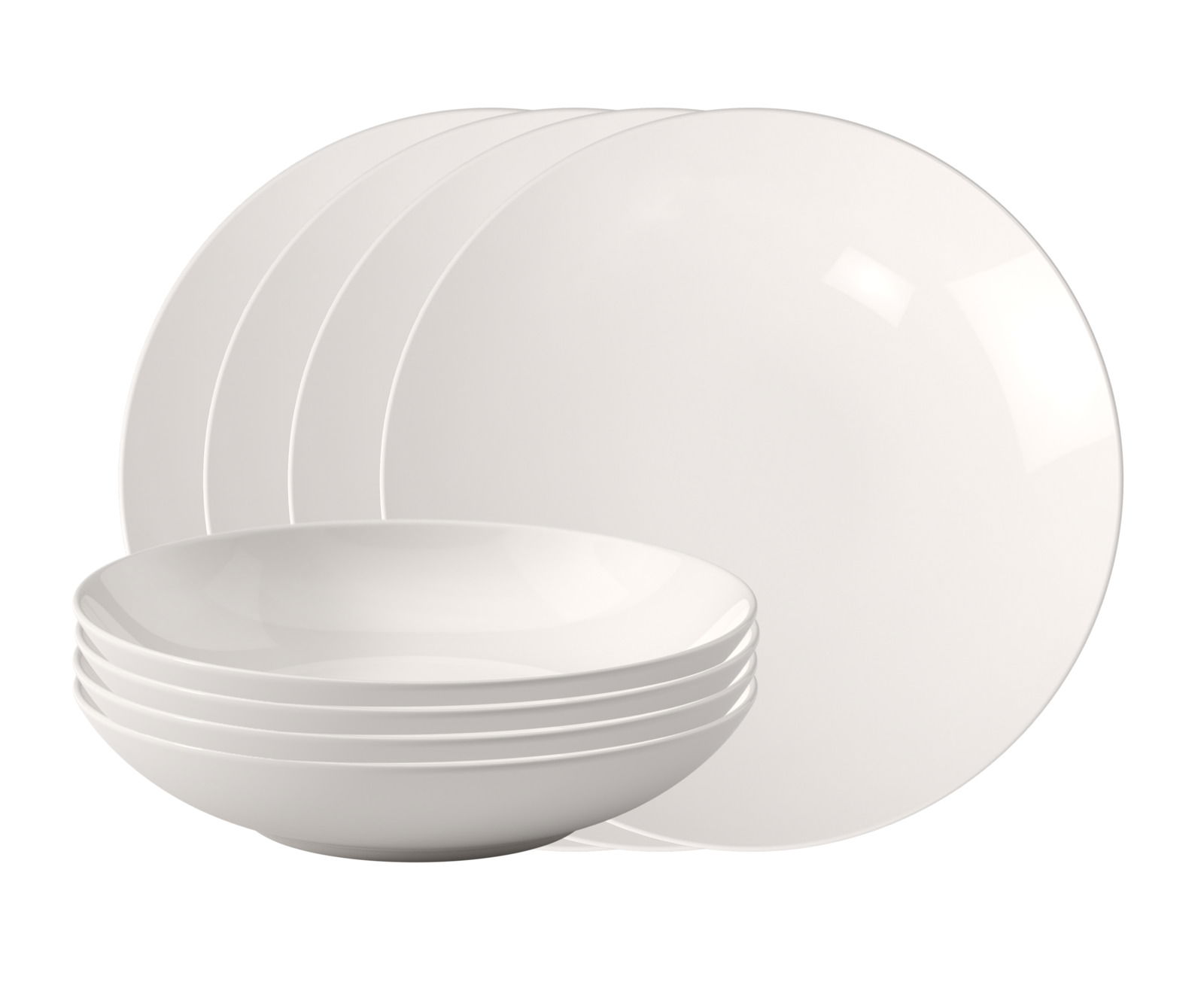 Villeroy & Boch 8-delige servieset FOR ME Weißes 8-teiliges Dinner-Set bestehend aus vier flachen Tellern und vier tiefen Schalen, seitliche Perspektive.