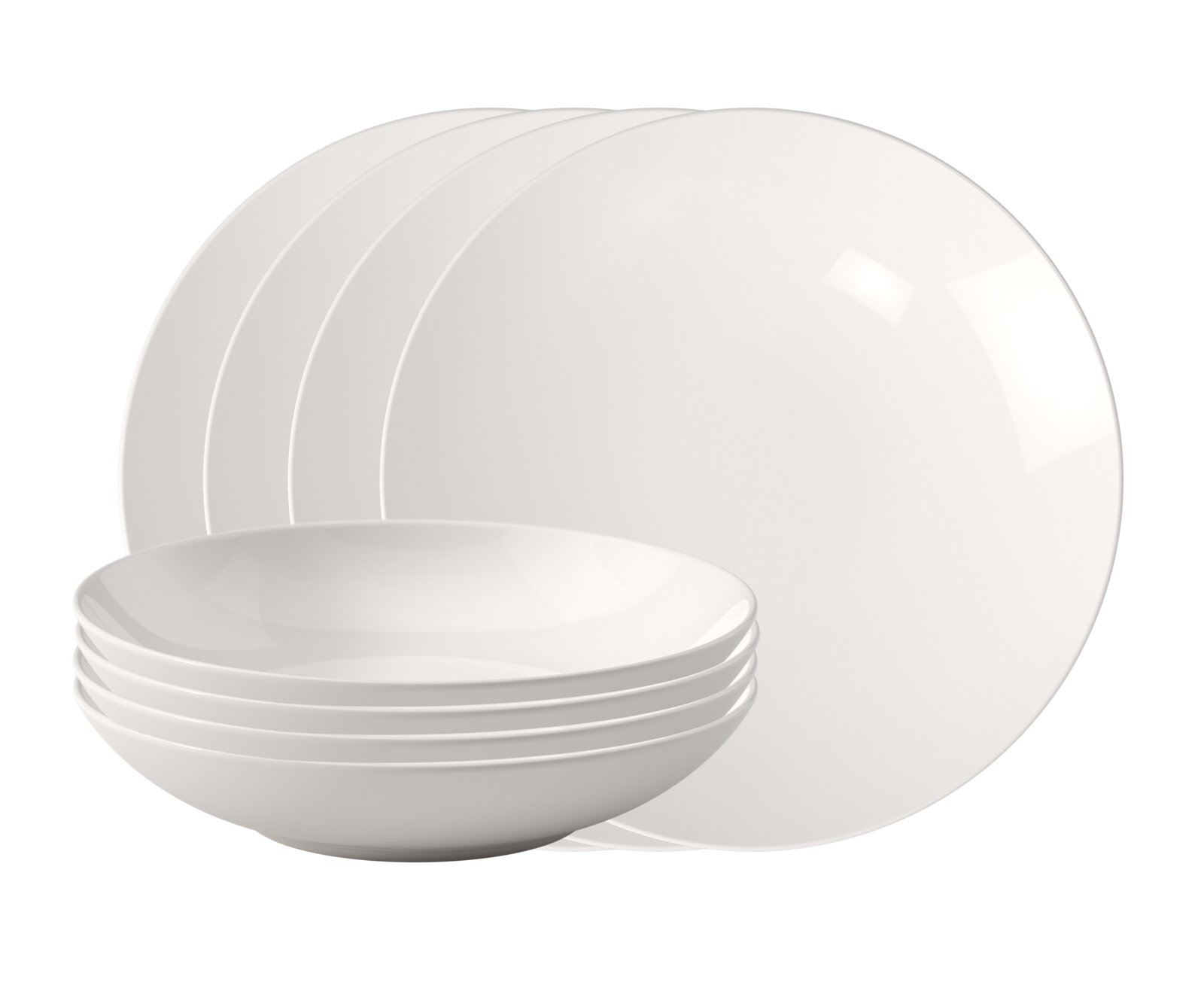 Villeroy & Boch Dinner-Set 8-tlg. FOR ME Weißes 8-teiliges Dinner-Set bestehend aus vier flachen Tellern und vier tiefen Schalen, seitliche Perspektive.