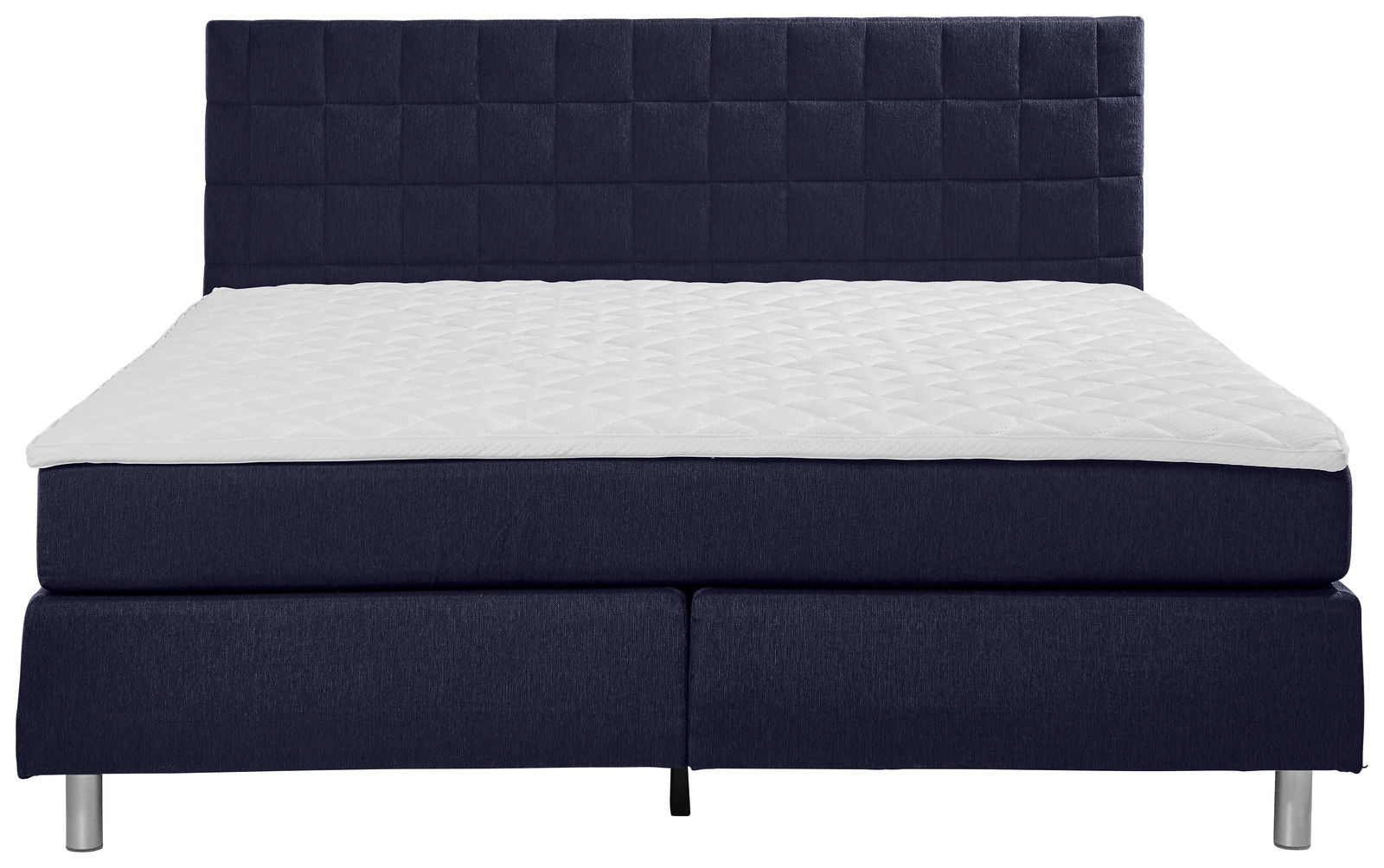 Boxspringbett in Frontalansicht mit dunkelblauem Kopfteil und weißer Matratze