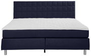 Boxspringbett in Frontalansicht mit dunkelblauem Kopfteil und weißer Matratze