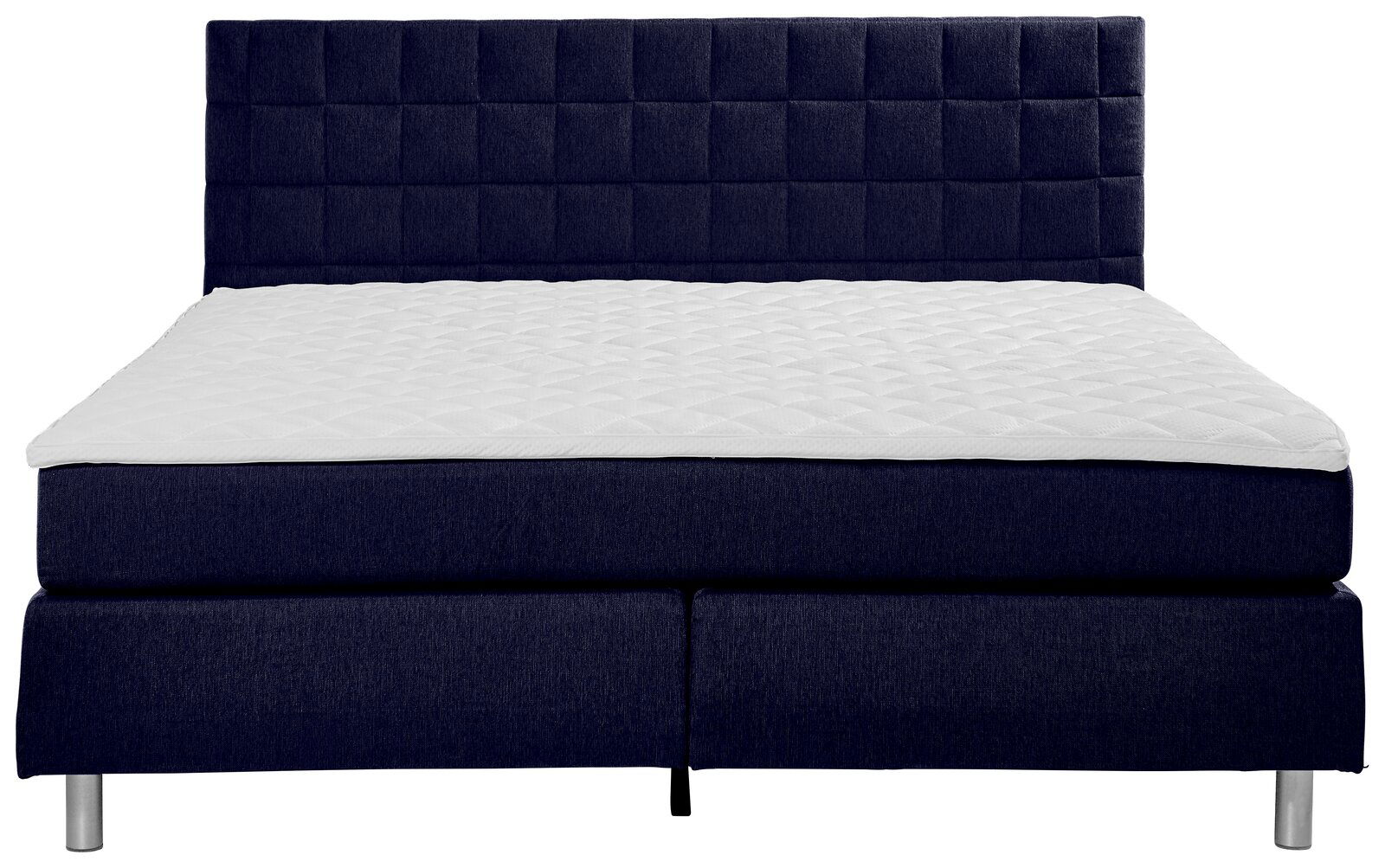 Boxspringbett in Frontalansicht mit dunkelblauem Kopfteil und weißer Matratze