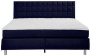Boxspringbett in Frontalansicht mit dunkelblauem Kopfteil und weißer Matratze