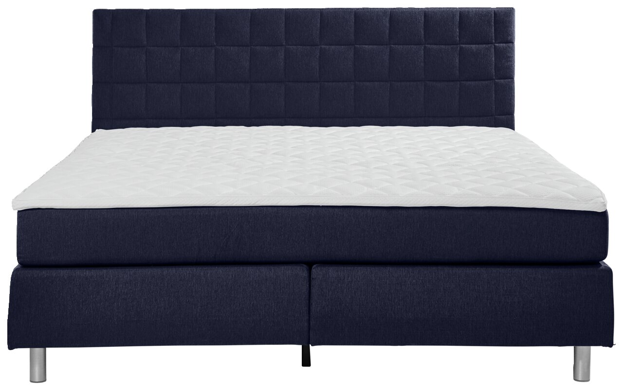 Boxspringbett in Frontalansicht mit dunkelblauem Kopfteil und weißer Matratze