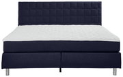 Boxspringbett in Frontalansicht mit dunkelblauem Kopfteil und weißer Matratze