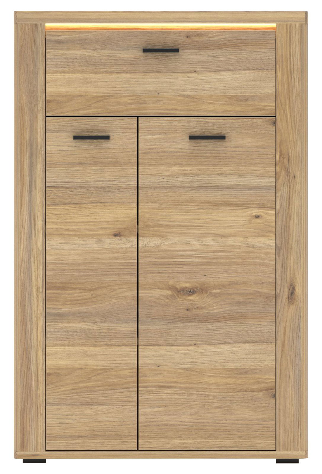 Moderner Schuhschrank aus Holz mit zwei Türen und einer Schublade, Frontalansicht