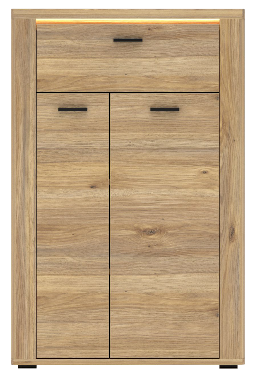 Moderner Schuhschrank aus Holz mit zwei Türen und einer Schublade, Frontalansicht