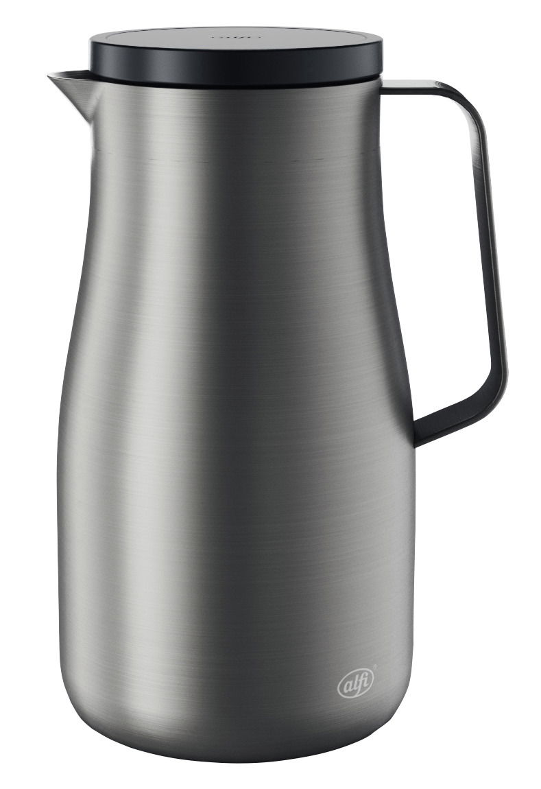 Silberne Isolierkanne Studio aus Edelstahl mit schwarzem Deckel und Griff, seitliche Perspektive