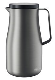 Silberne Isolierkanne Studio aus Edelstahl mit schwarzem Deckel und Griff, seitliche Perspektive