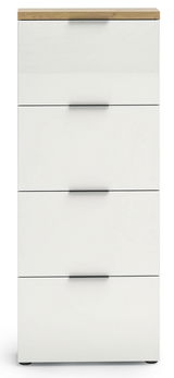 Moderner weißer Schuhschrank mit vier Klappen und Holzoberfläche, Frontalansicht